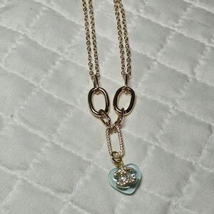 Chanel Gold and Blue Heart Pendant Necklace Stamped Charm Upcycled NEW